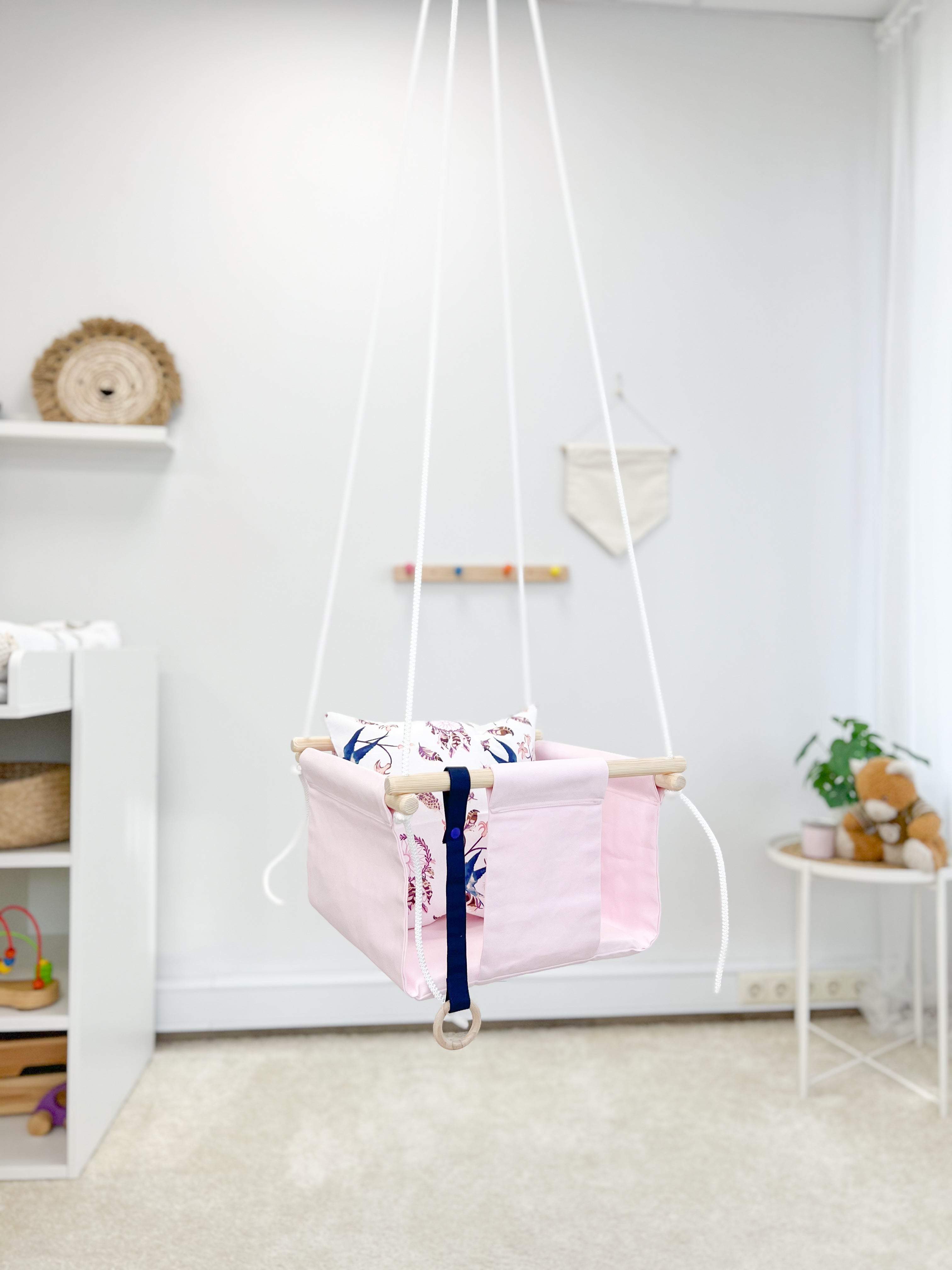 Kids / Baby Room: Hanging Mobile Carousel. 2024 Colorful family of birds, handmade from organic cotton.