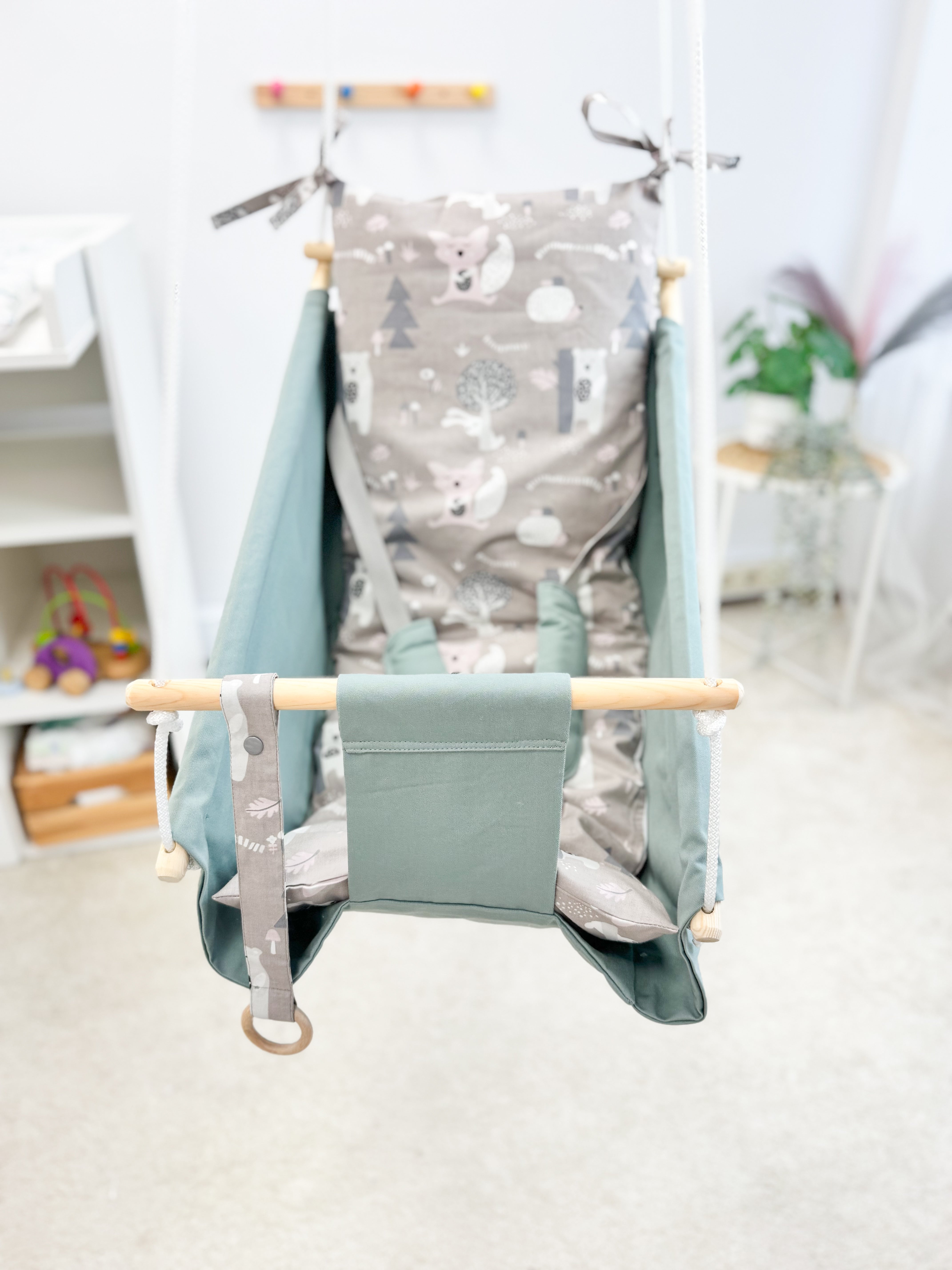 Sage green Hammock baby swing "Bears"