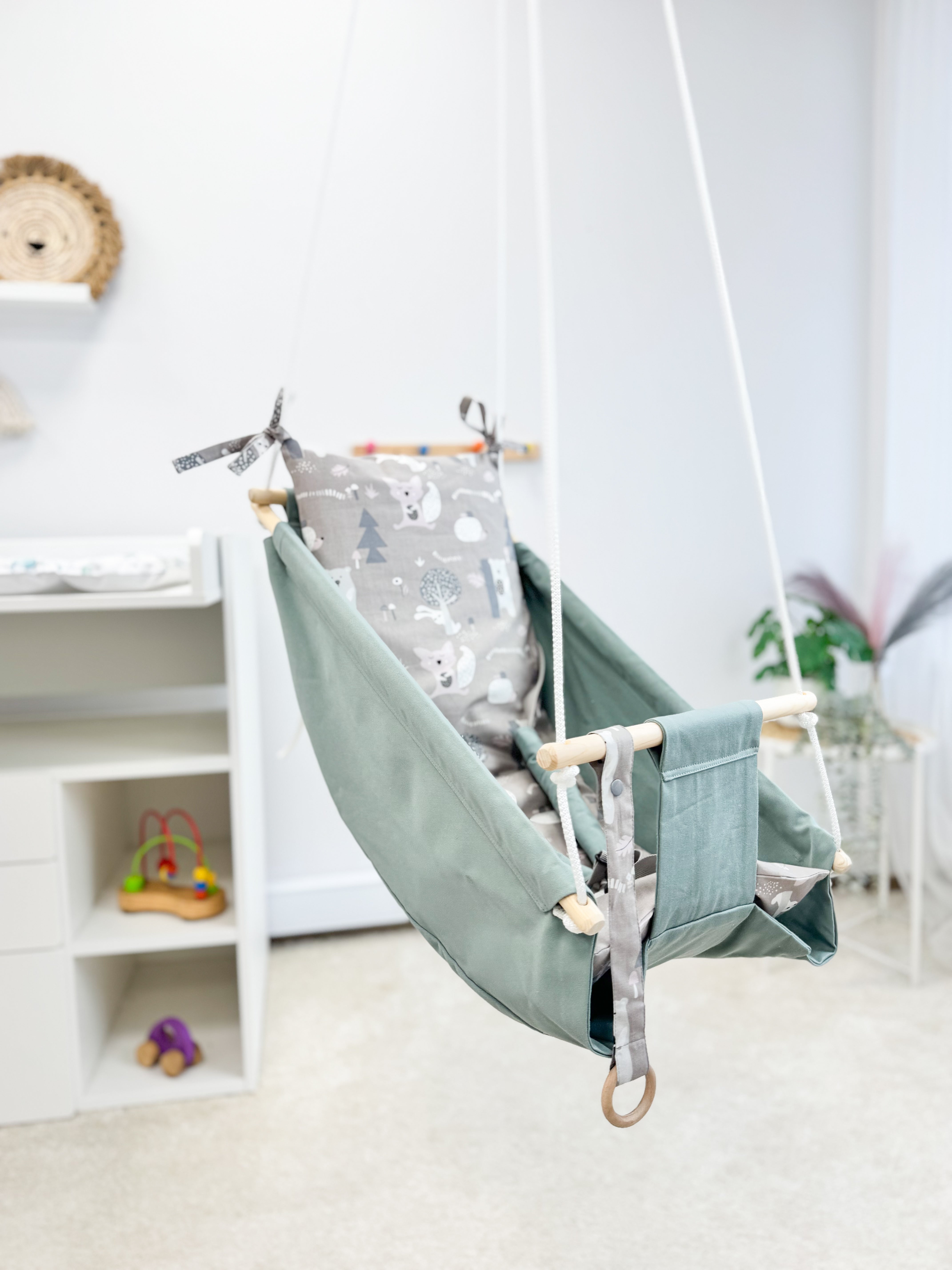 Sage green Hammock baby swing "Bears"
