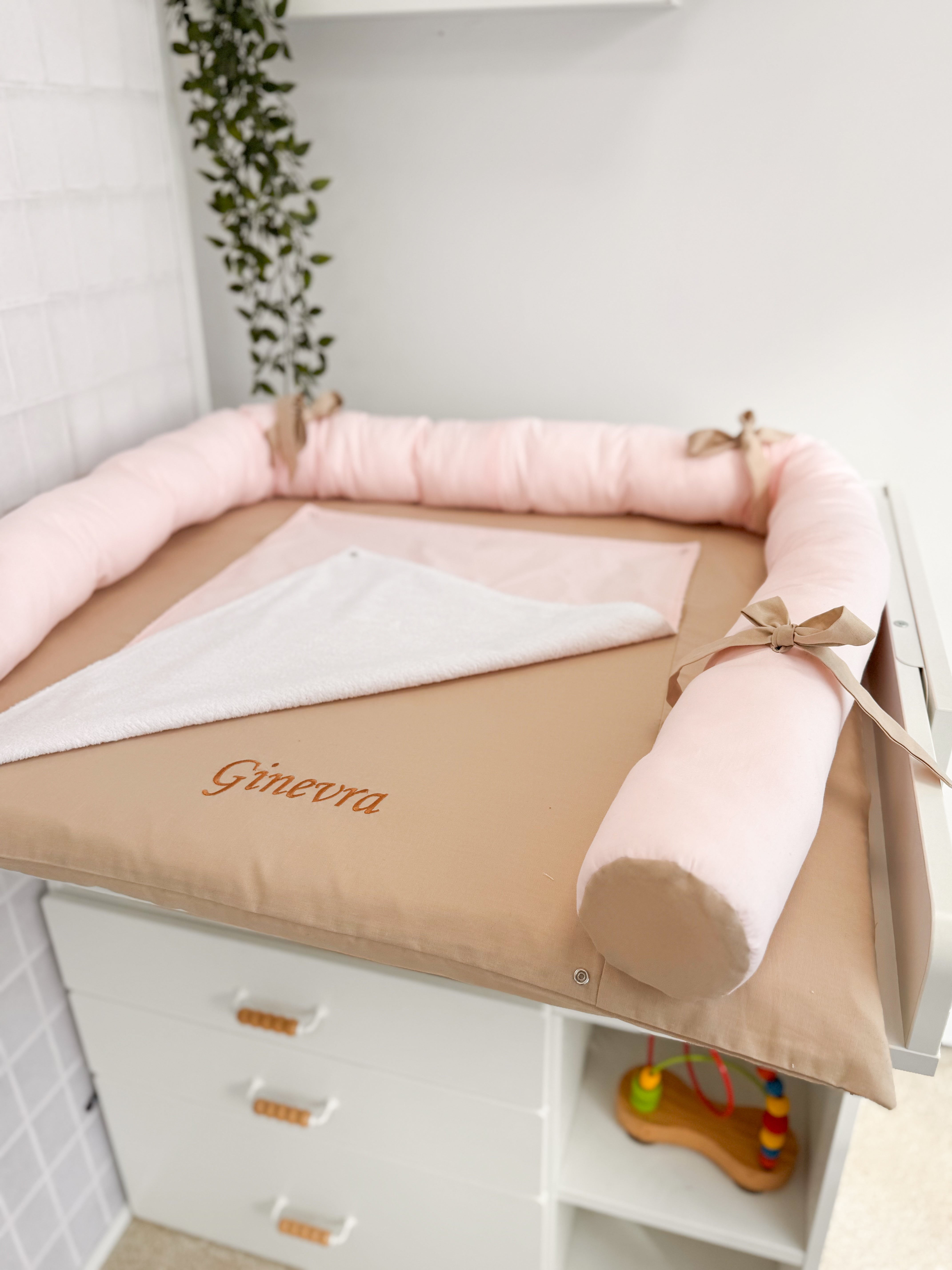 Cotton changing pad - Beige with pink